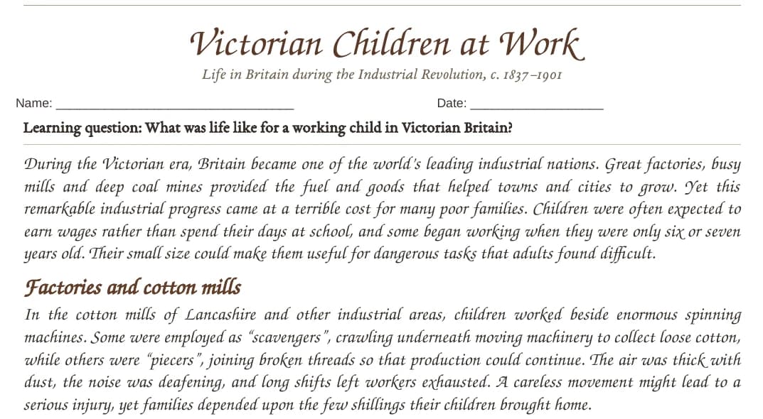 The original Year 5 worksheet, Victorian Children at Work: a dense italic introduction followed by the Factories and cotton mills paragraph.